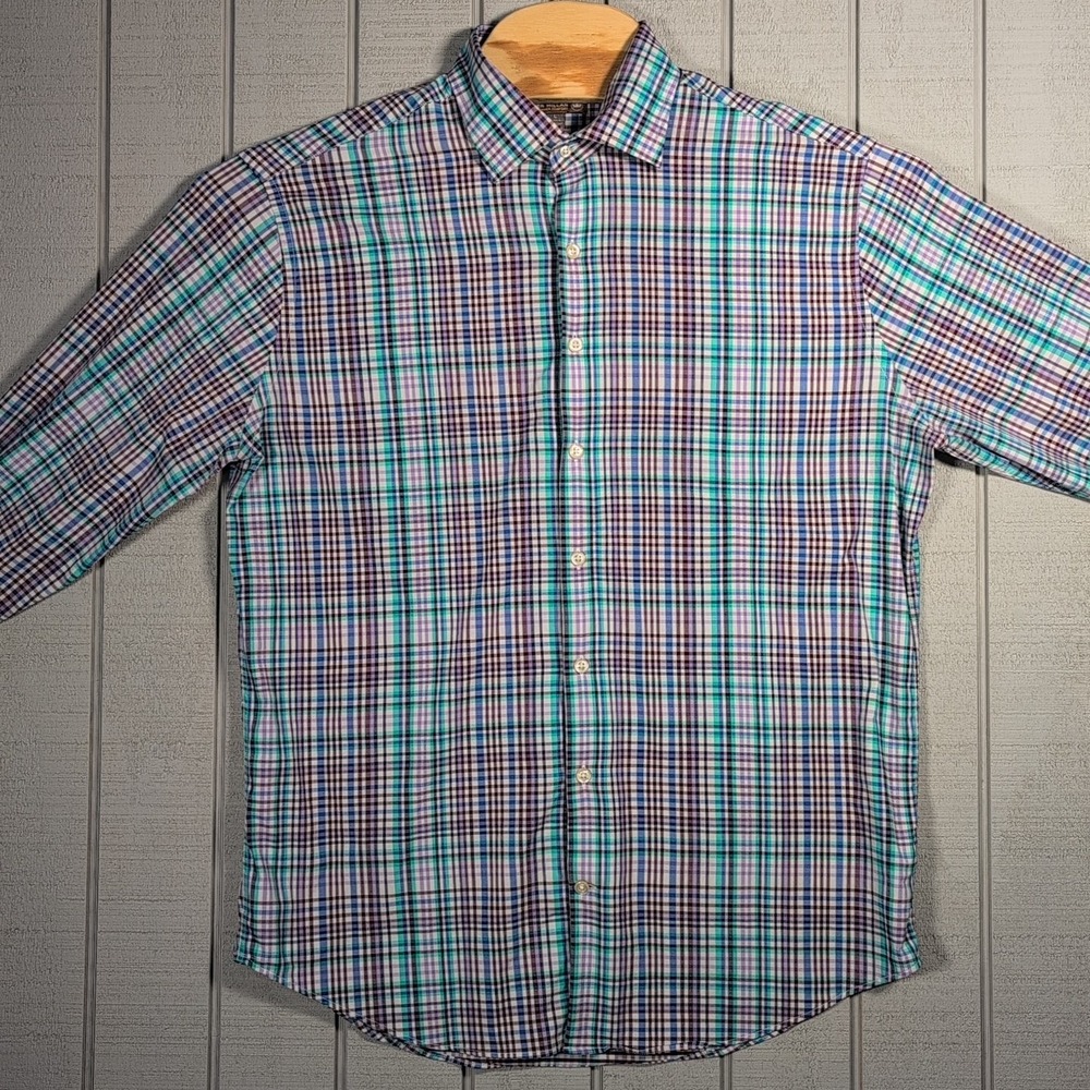 Peter Millar Mens Large Summer Comfort Button Down Plaid LS Shirt - Pelican L - Picture 3 of 12